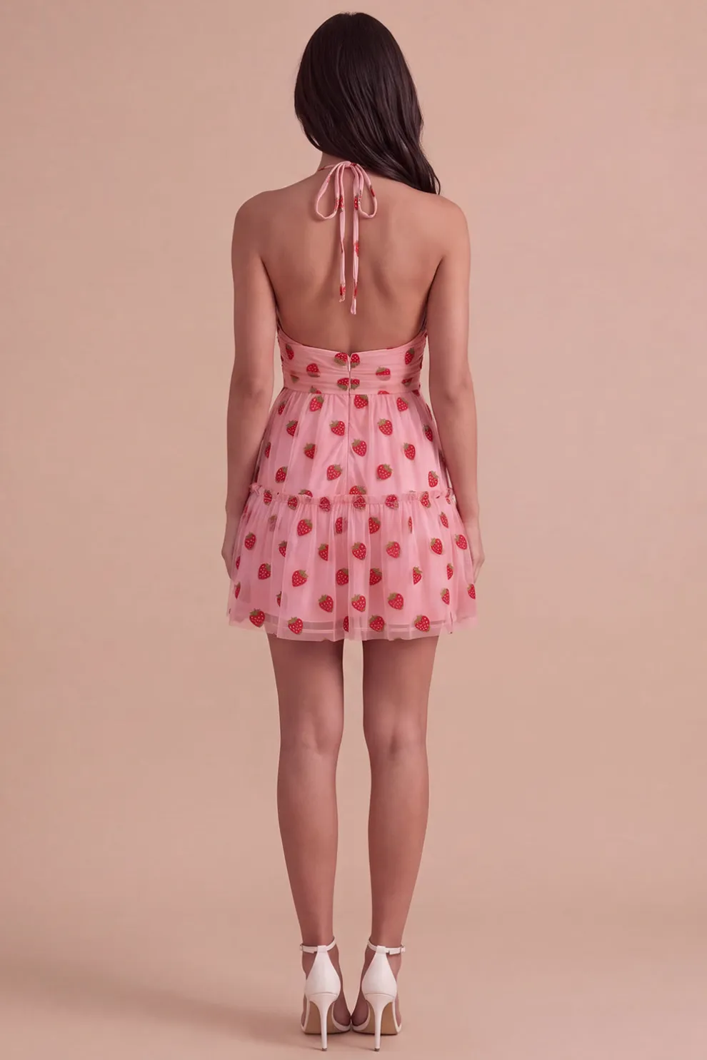 Pink Halter Strawberry A-Line Ruffled Tiered Short Homecoming Dress