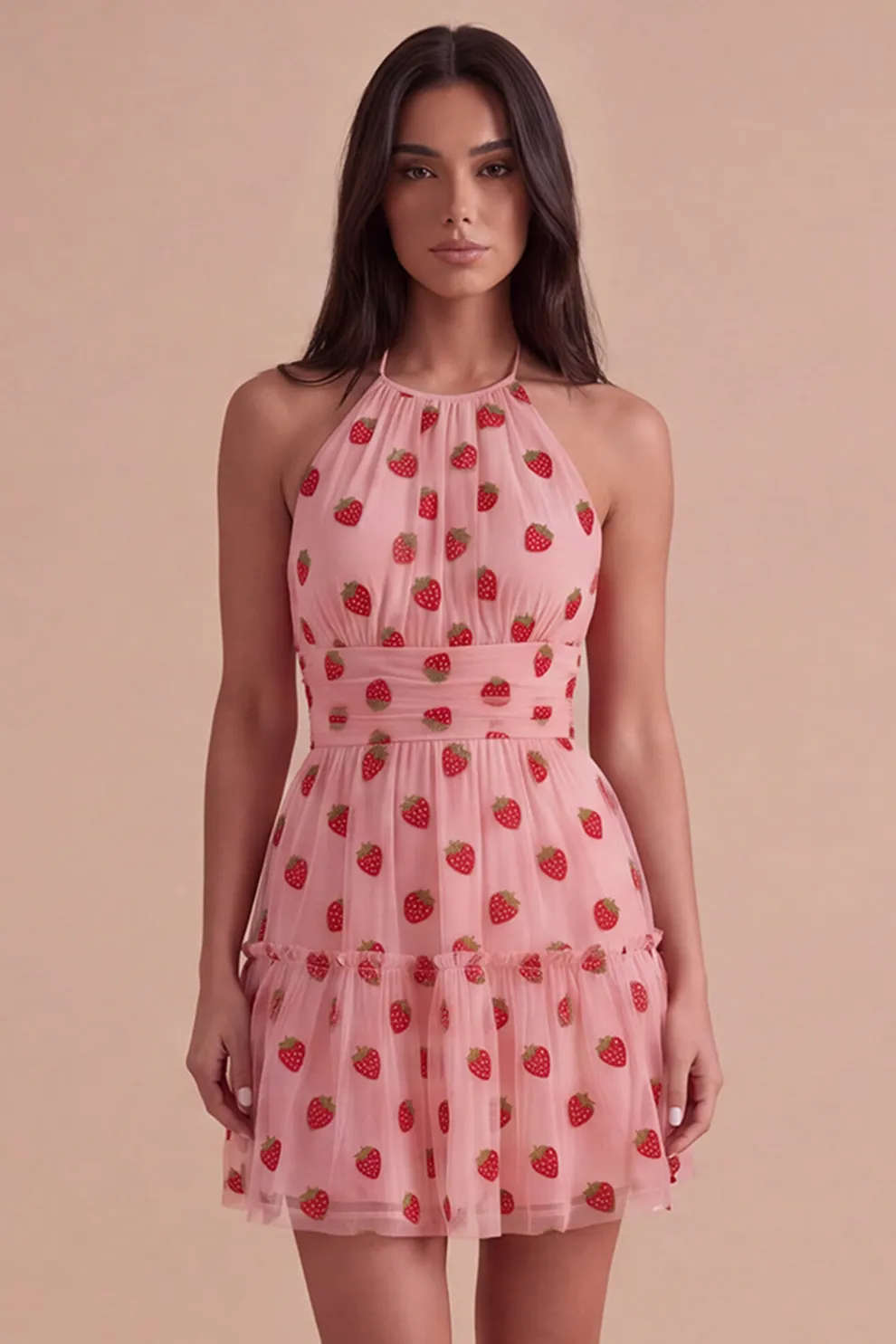 Pink Halter Strawberry A-Line Ruffled Tiered Short Homecoming Dress