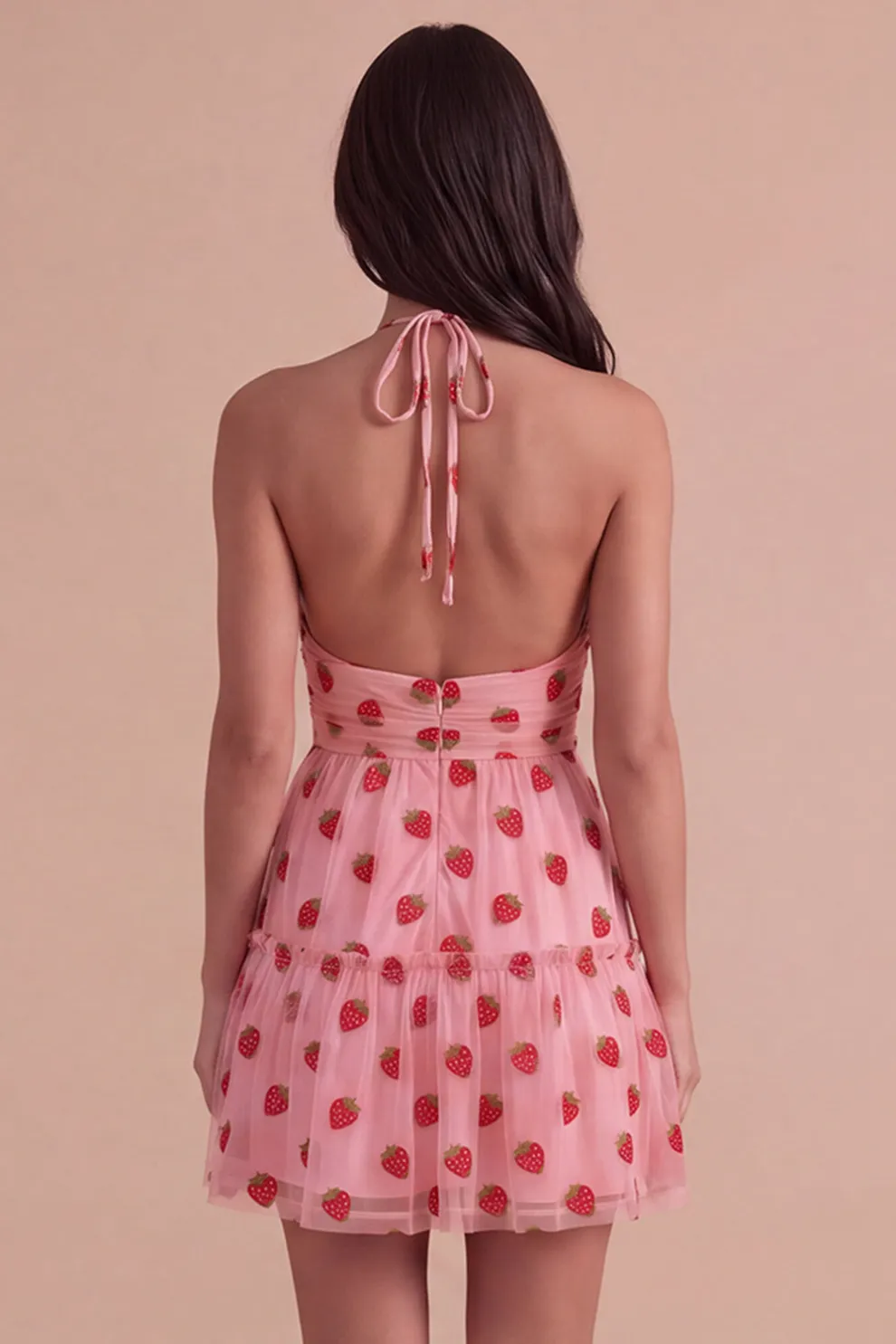 Pink Halter Strawberry A-Line Ruffled Tiered Short Homecoming Dress