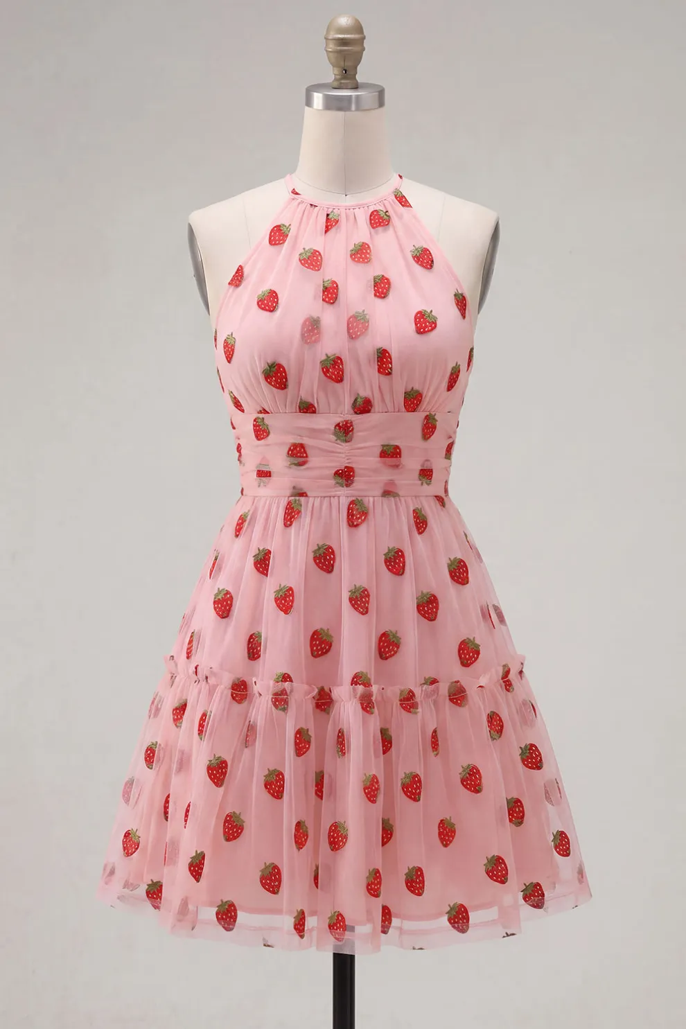 Pink Halter Strawberry A-Line Ruffled Tiered Short Homecoming Dress
