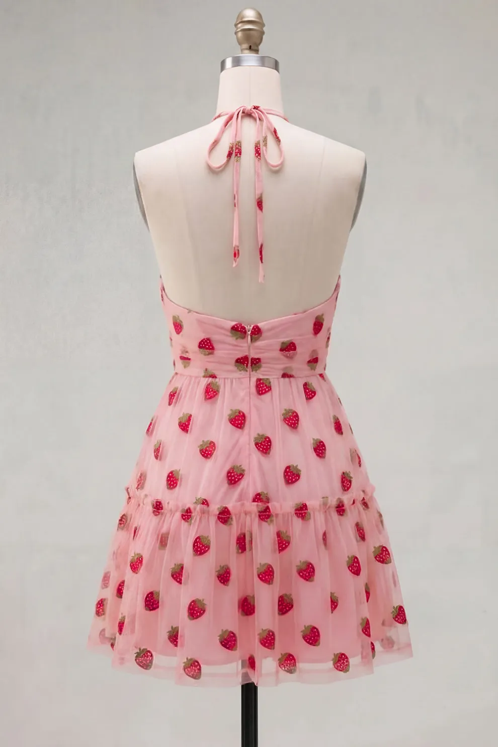 Pink Halter Strawberry A-Line Ruffled Tiered Short Homecoming Dress