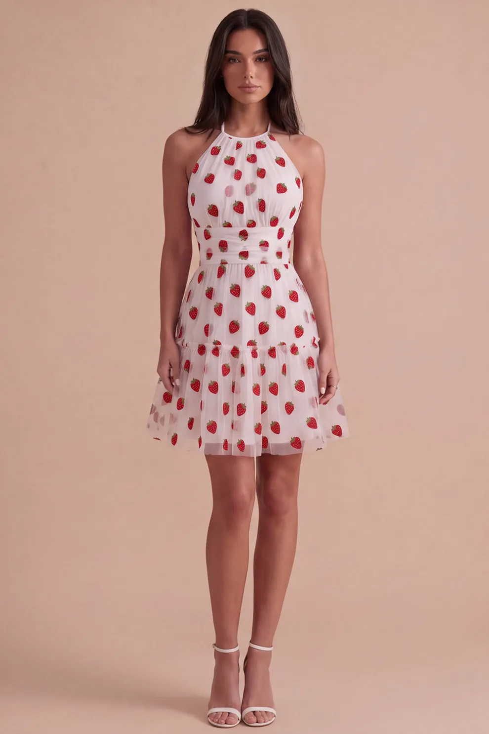Pink Halter Strawberry A-Line Ruffled Tiered Short Homecoming Dress