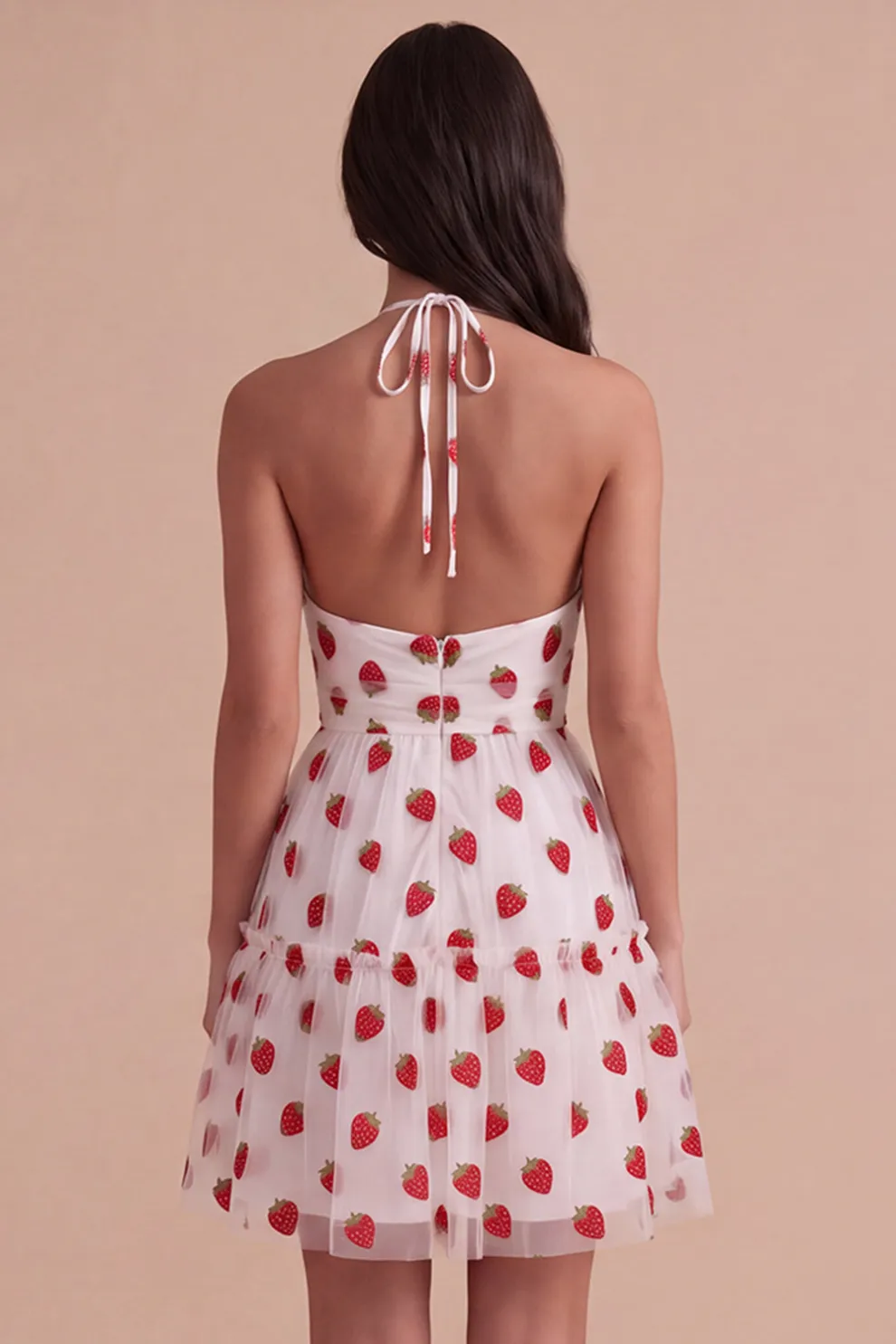 Pink Halter Strawberry A-Line Ruffled Tiered Short Homecoming Dress