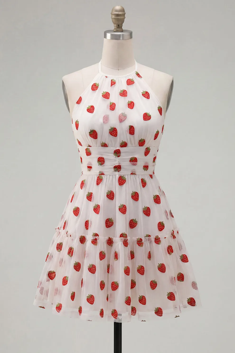 Pink Halter Strawberry A-Line Ruffled Tiered Short Homecoming Dress