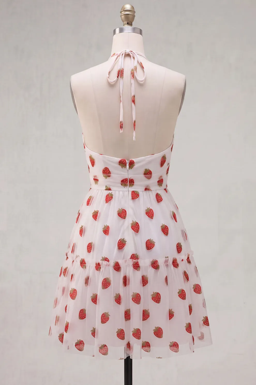 Pink Halter Strawberry A-Line Ruffled Tiered Short Homecoming Dress