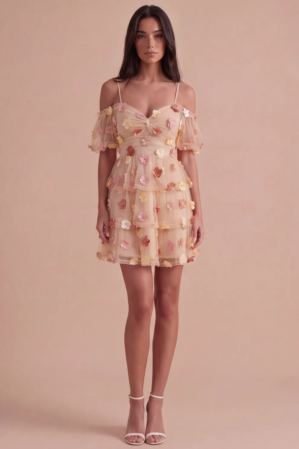 Champagne Cold Shoulder A-Line Tiered Short Homecoming Dress with 3D Flowers
