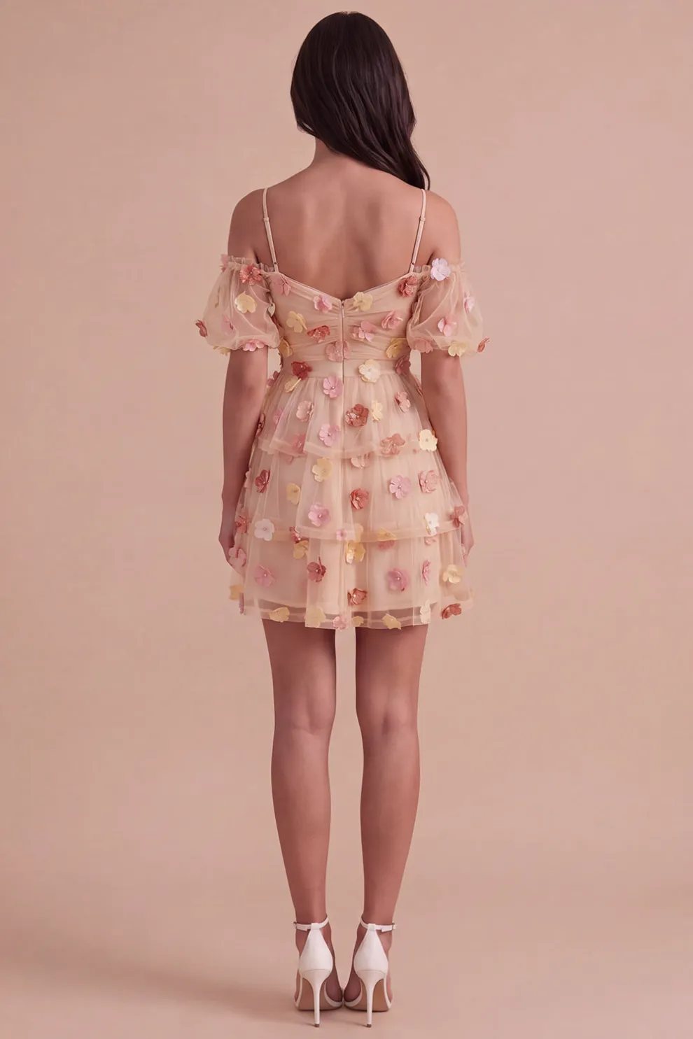 Champagne Cold Shoulder A-Line Tiered Short Homecoming Dress with 3D Flowers
