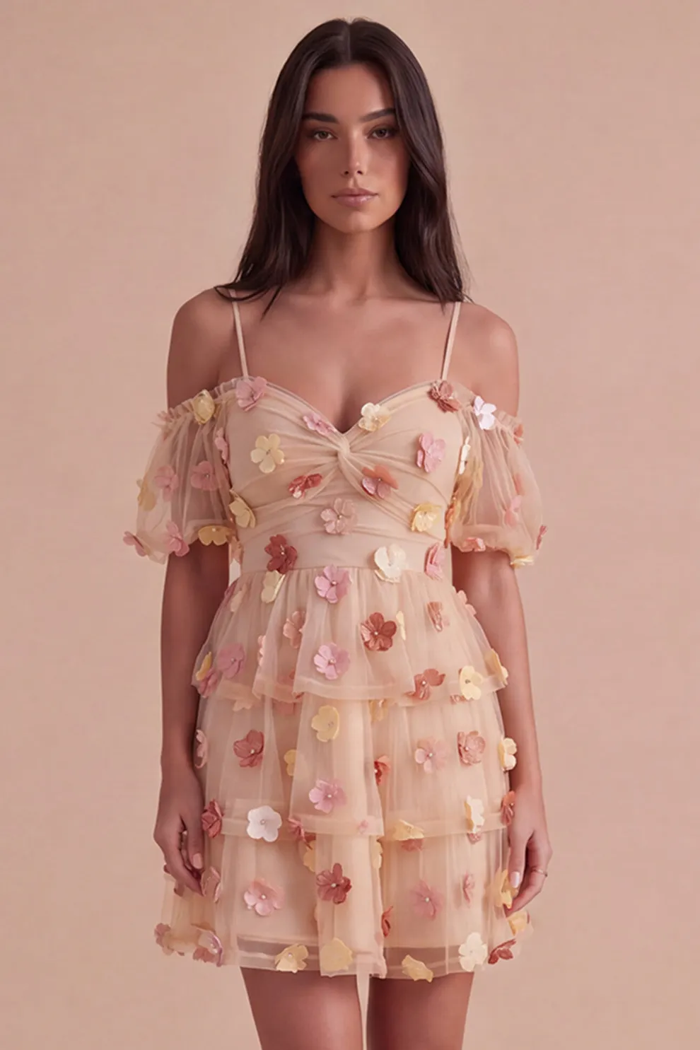 Champagne Cold Shoulder A-Line Tiered Short Homecoming Dress with 3D Flowers