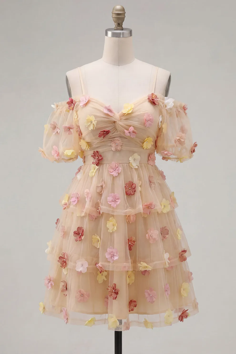 Champagne Cold Shoulder A-Line Tiered Short Homecoming Dress with 3D Flowers