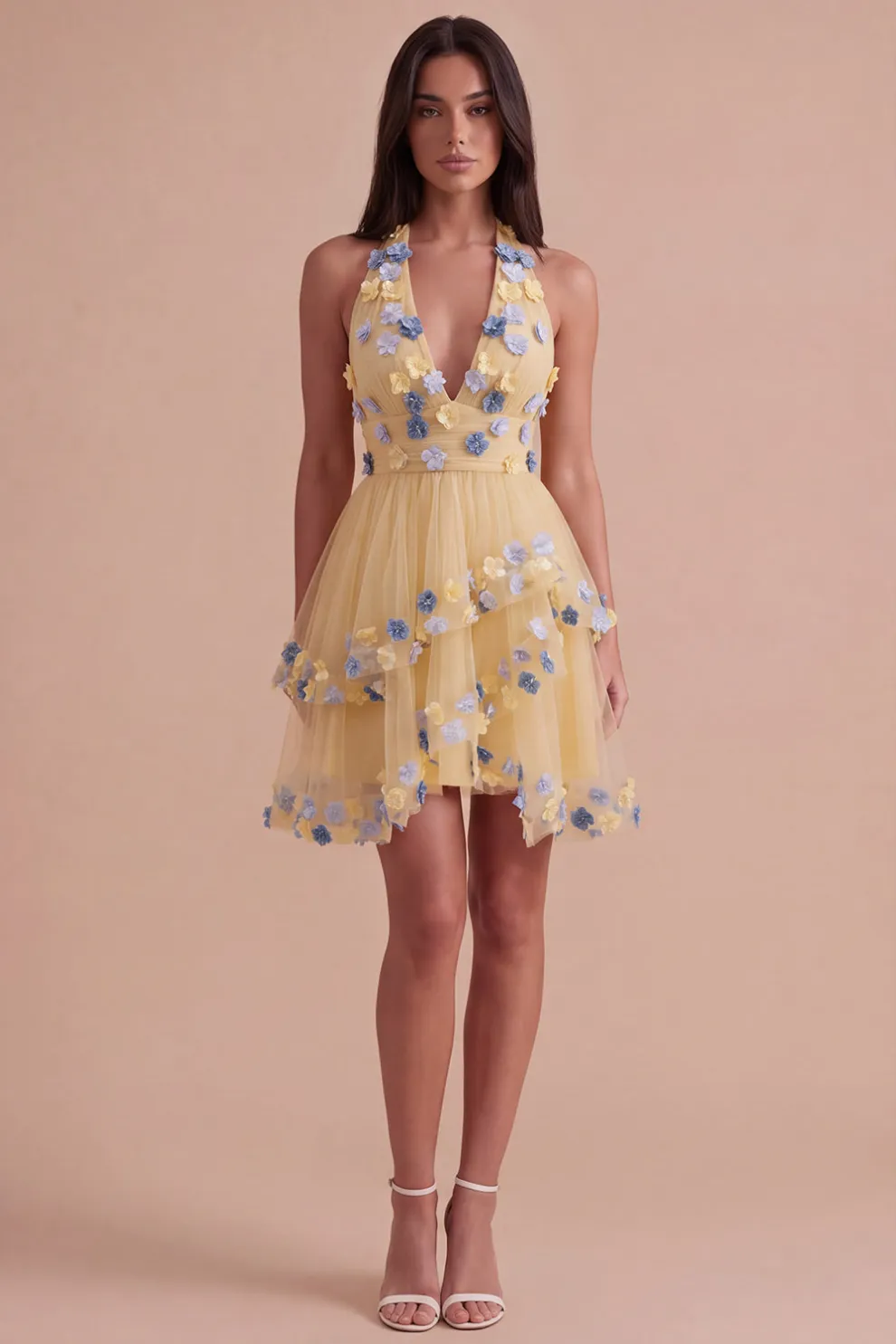 Apricot Floral Halter Tulle Ruffled Short Homecoming Dress with Ruffles