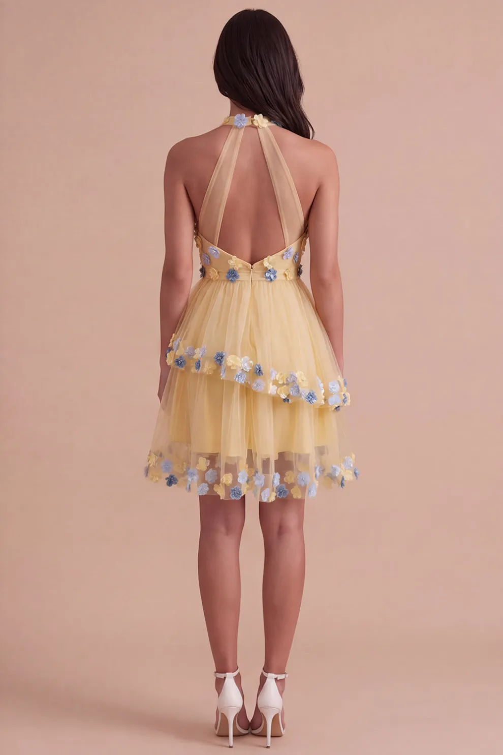 Apricot Floral Halter Tulle Ruffled Short Homecoming Dress with Ruffles