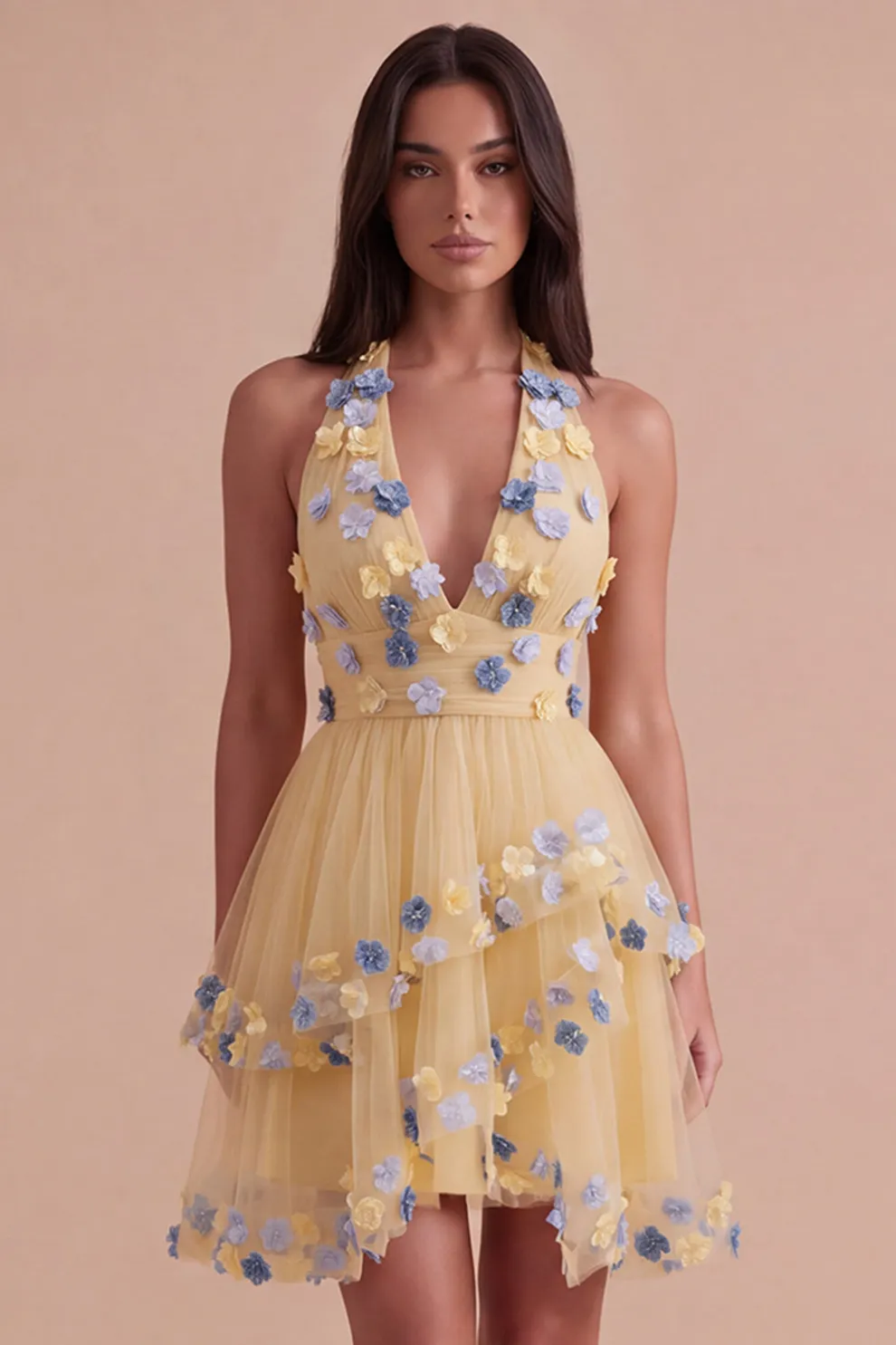 Apricot Floral Halter Tulle Ruffled Short Homecoming Dress with Ruffles