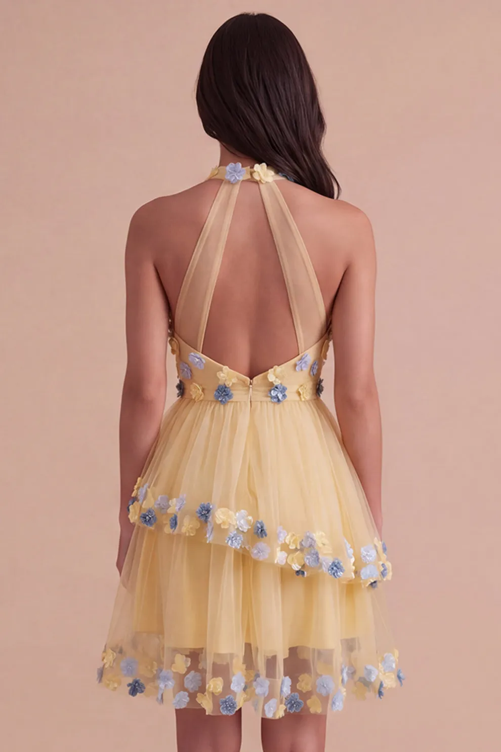 Apricot Floral Halter Tulle Ruffled Short Homecoming Dress with Ruffles