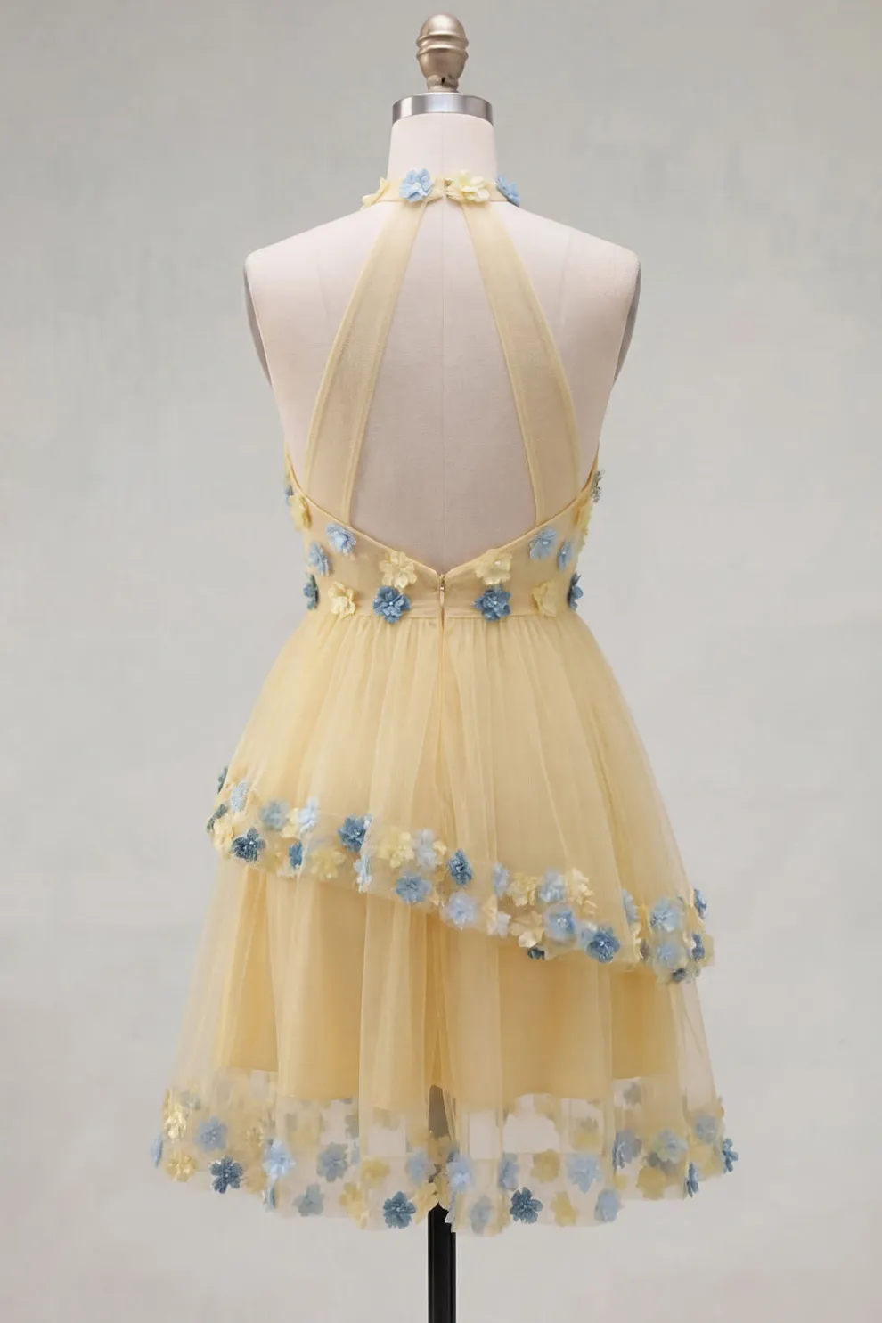 Apricot Floral Halter Tulle Ruffled Short Homecoming Dress with Ruffles