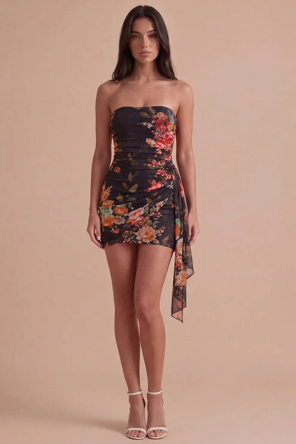 Black Red Floral Strapless Bodycon Short Homecoming Dress with Sash