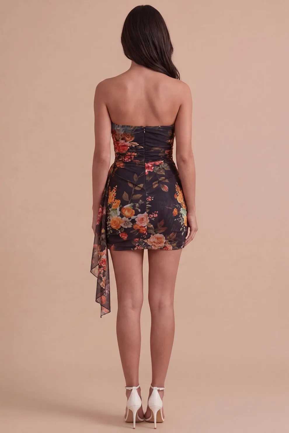 Black Red Floral Strapless Bodycon Short Homecoming Dress with Sash