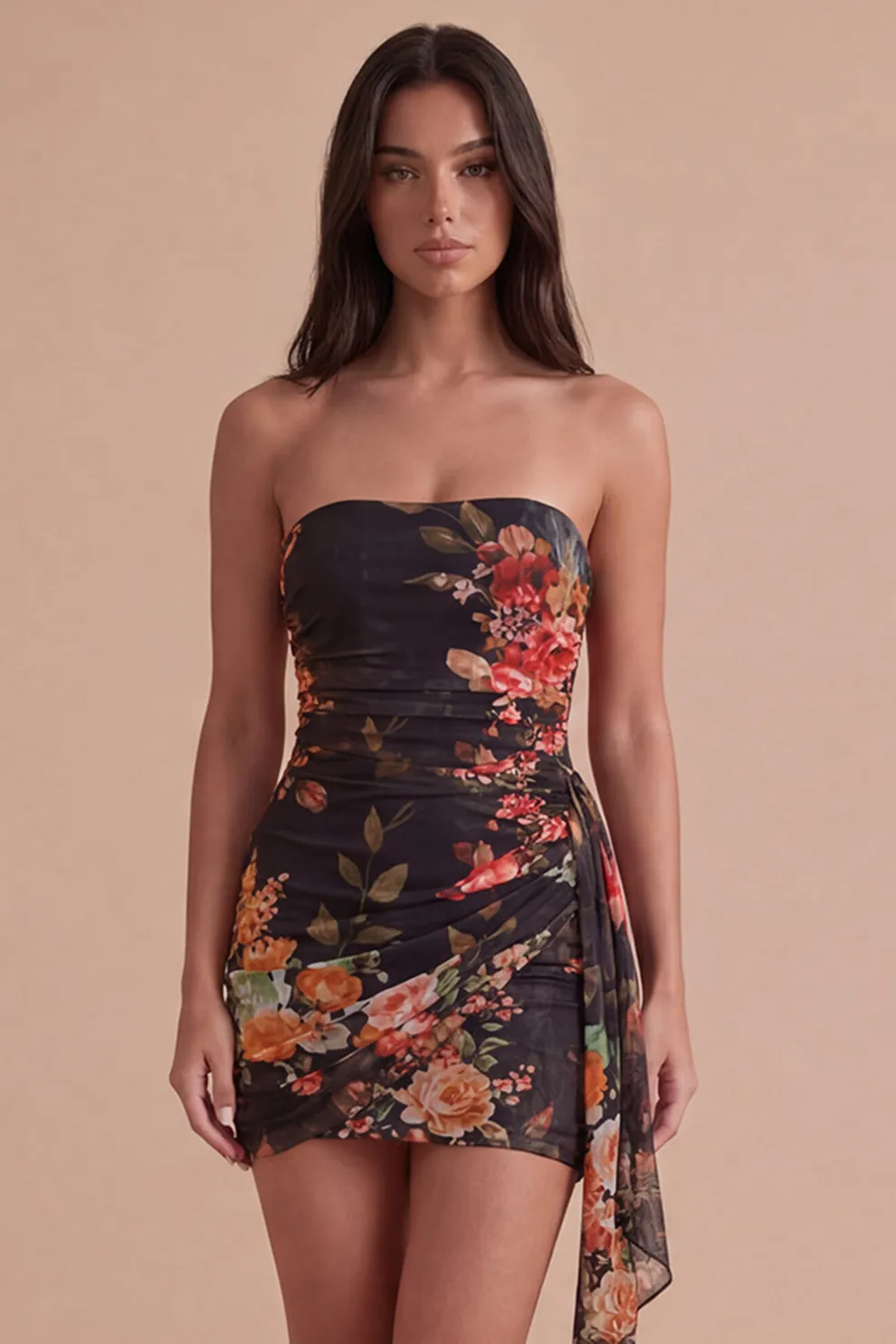 Black Red Floral Strapless Bodycon Short Homecoming Dress with Sash