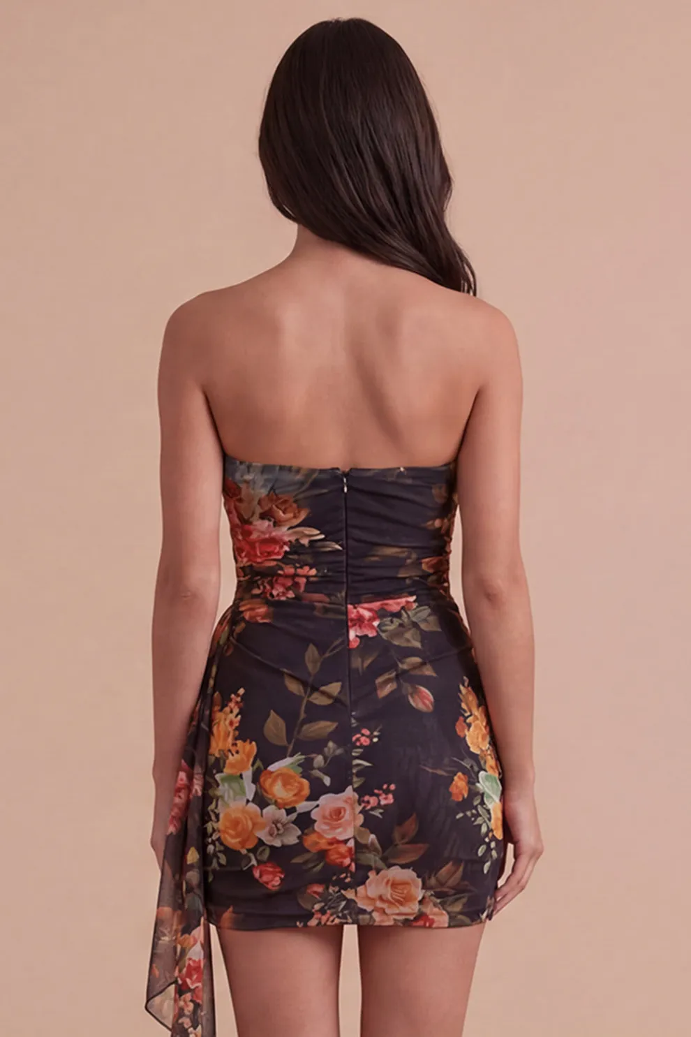 Black Red Floral Strapless Bodycon Short Homecoming Dress with Sash