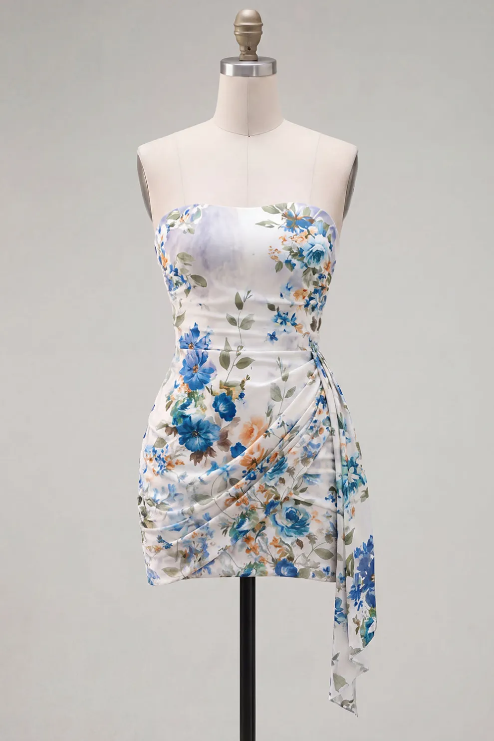 Black Red Floral Strapless Bodycon Short Homecoming Dress with Sash
