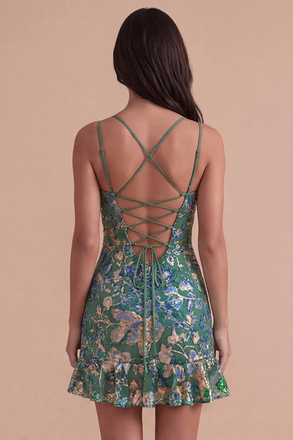 Dark Green Floral Jacquard Spaghetti Straps Short Homecoming Dress with Ruffles