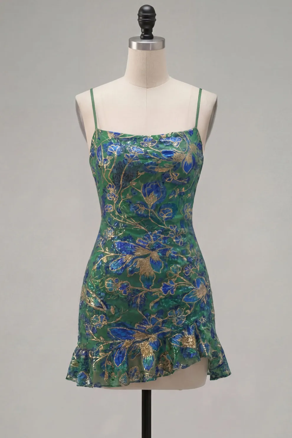 Dark Green Floral Jacquard Spaghetti Straps Short Homecoming Dress with Ruffles