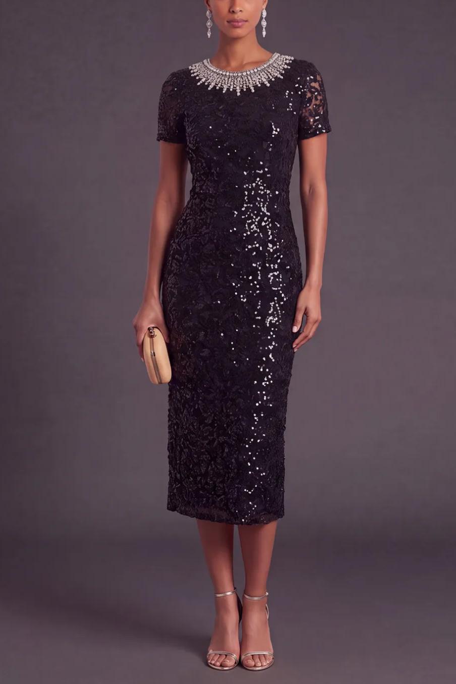 Sparkly Sequins Black Sheath Round Neck Midi Formal Dress with Rhinestone