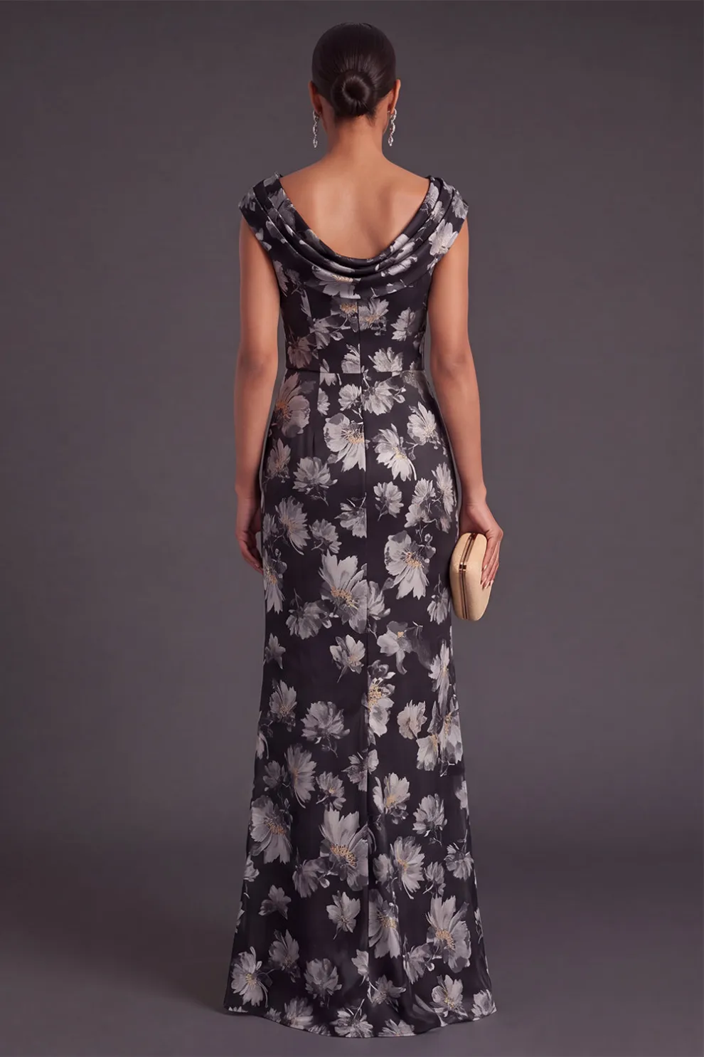 Black Floral Ruched Boat Neck Mermaid Long Formal Dress with Sleeves