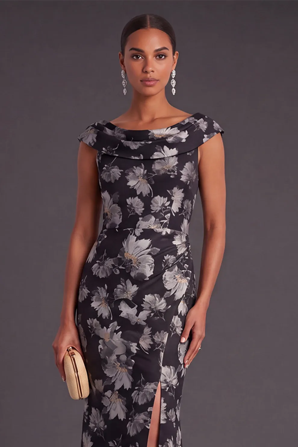 Black Floral Ruched Boat Neck Mermaid Long Formal Dress with Sleeves