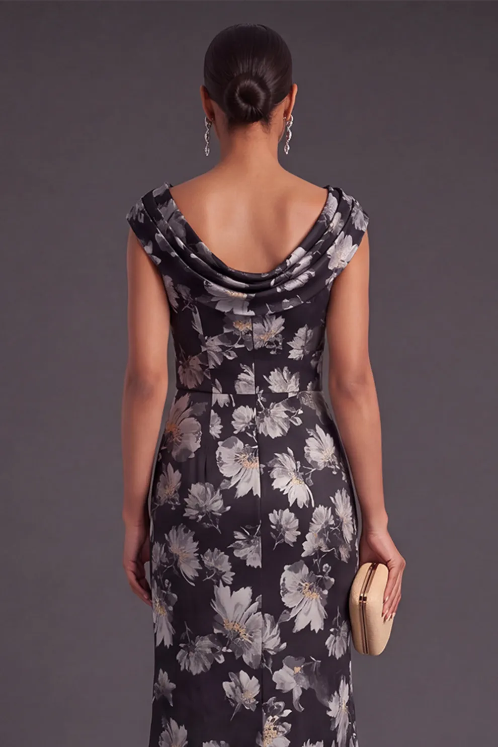 Black Floral Ruched Boat Neck Mermaid Long Formal Dress with Sleeves