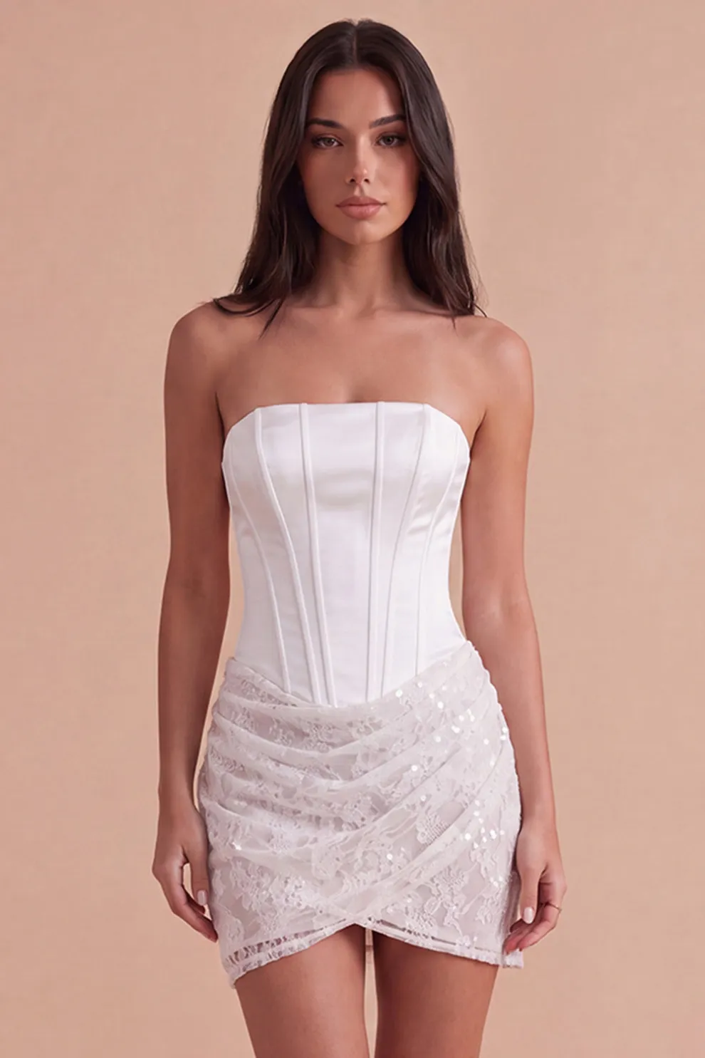 Ivory Floral Strapless Ruched Bodycon Corset Short Homecoming Dress