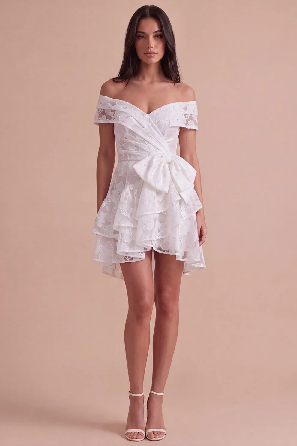 Ivory Floral Off the Shoulder Corset Ruffled Short Homecoming Dress with Bow
