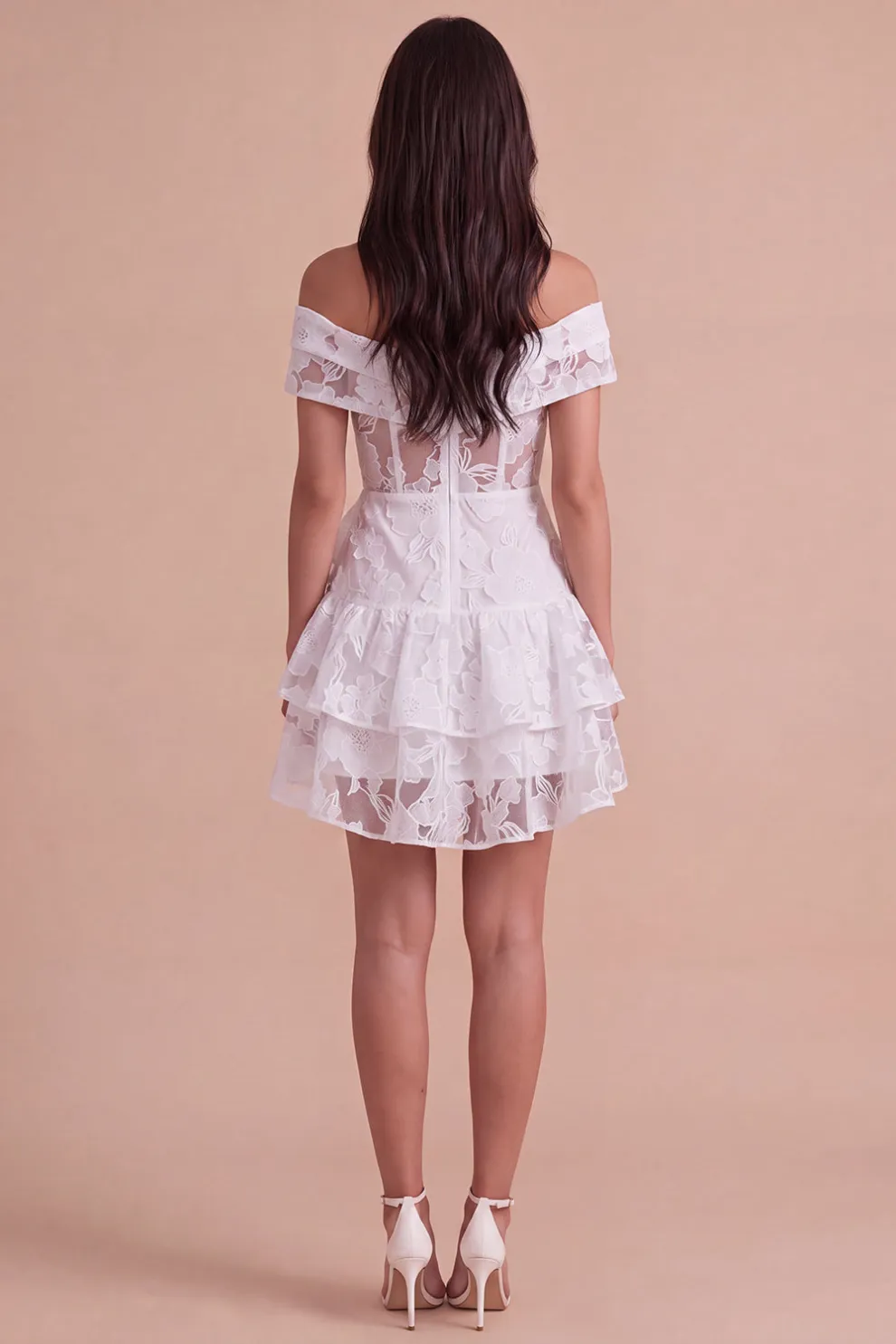 Ivory Floral Off the Shoulder Corset Ruffled Short Homecoming Dress with Bow