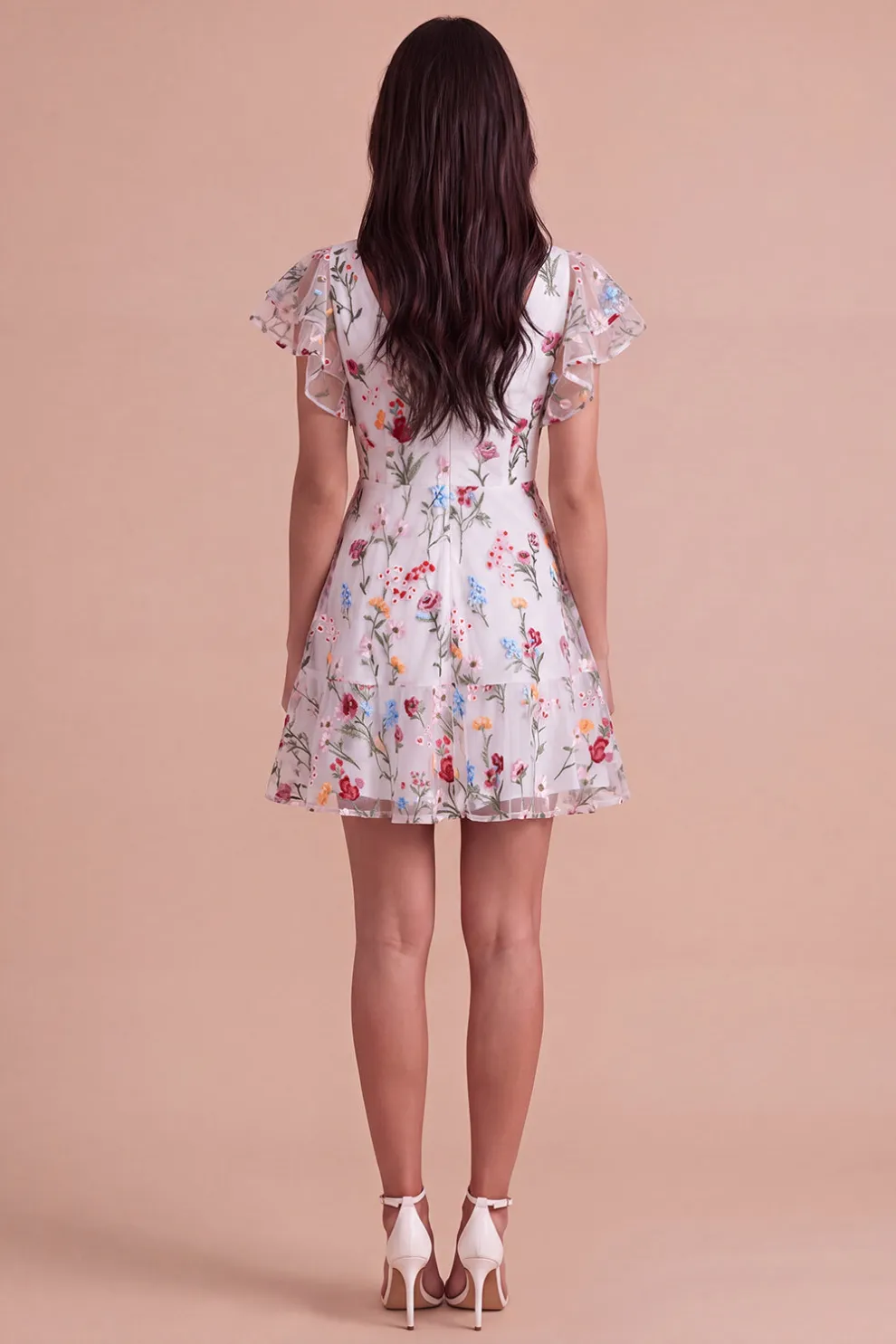Ivory Floral V-Neck Ruffled A-Line Short Homecoming Dress with Sleeves