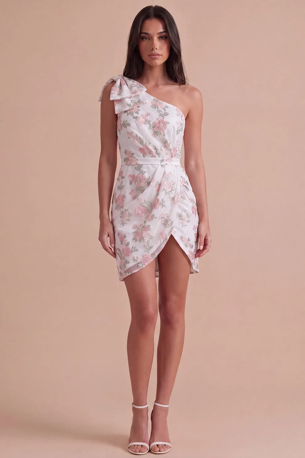 Ivory Floral One Shoulder Bodycon Ruched Short Homecoming Dress with Bow