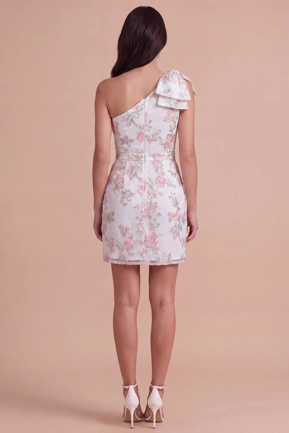 Ivory Floral One Shoulder Bodycon Ruched Short Homecoming Dress with Bow