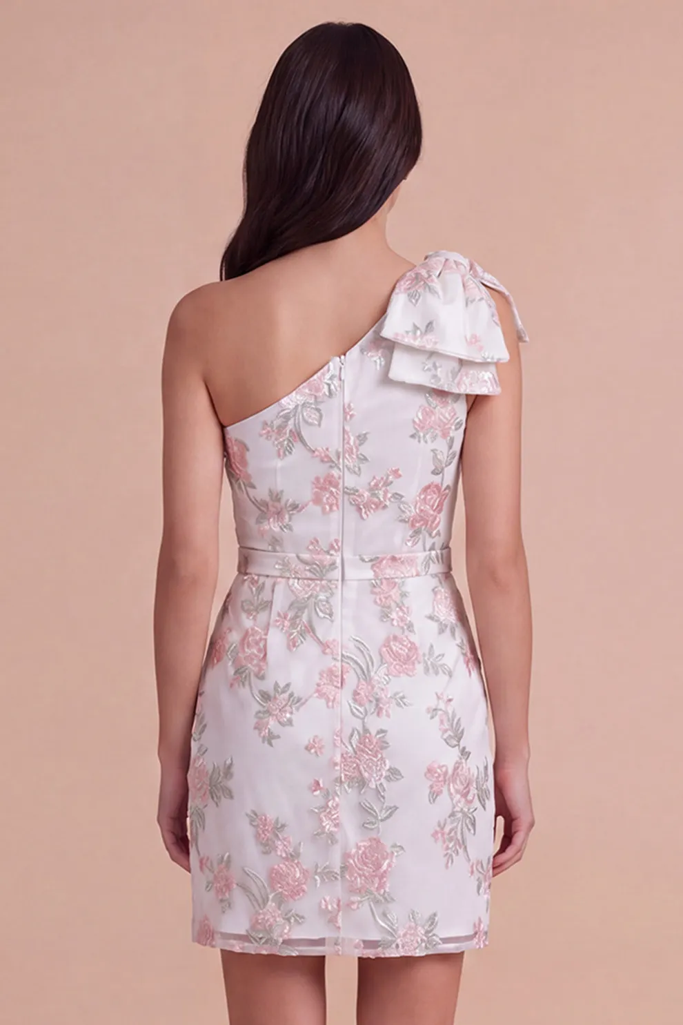 Ivory Floral One Shoulder Bodycon Ruched Short Homecoming Dress with Bow