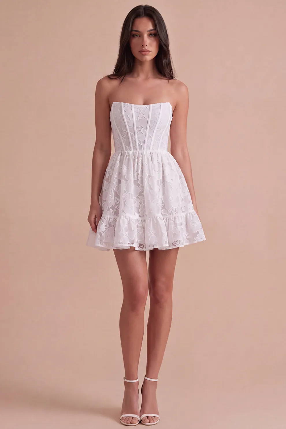 Ivory Floral A-Line Strapless Short Homecoming Dress with Ruffles