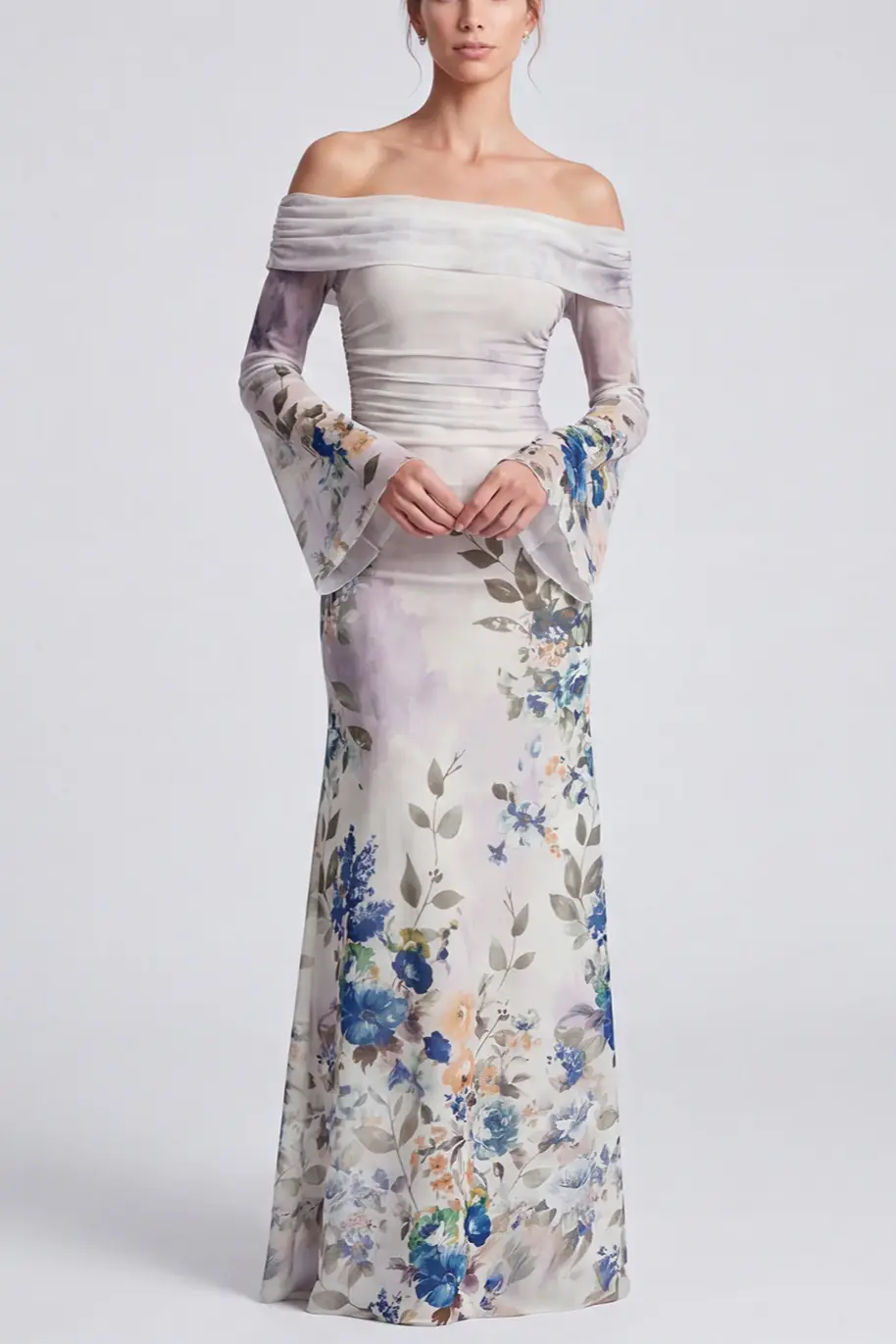 Off The Shoulder Blue Floral Mermaid Wedding Guest Dress With Long Sleeves