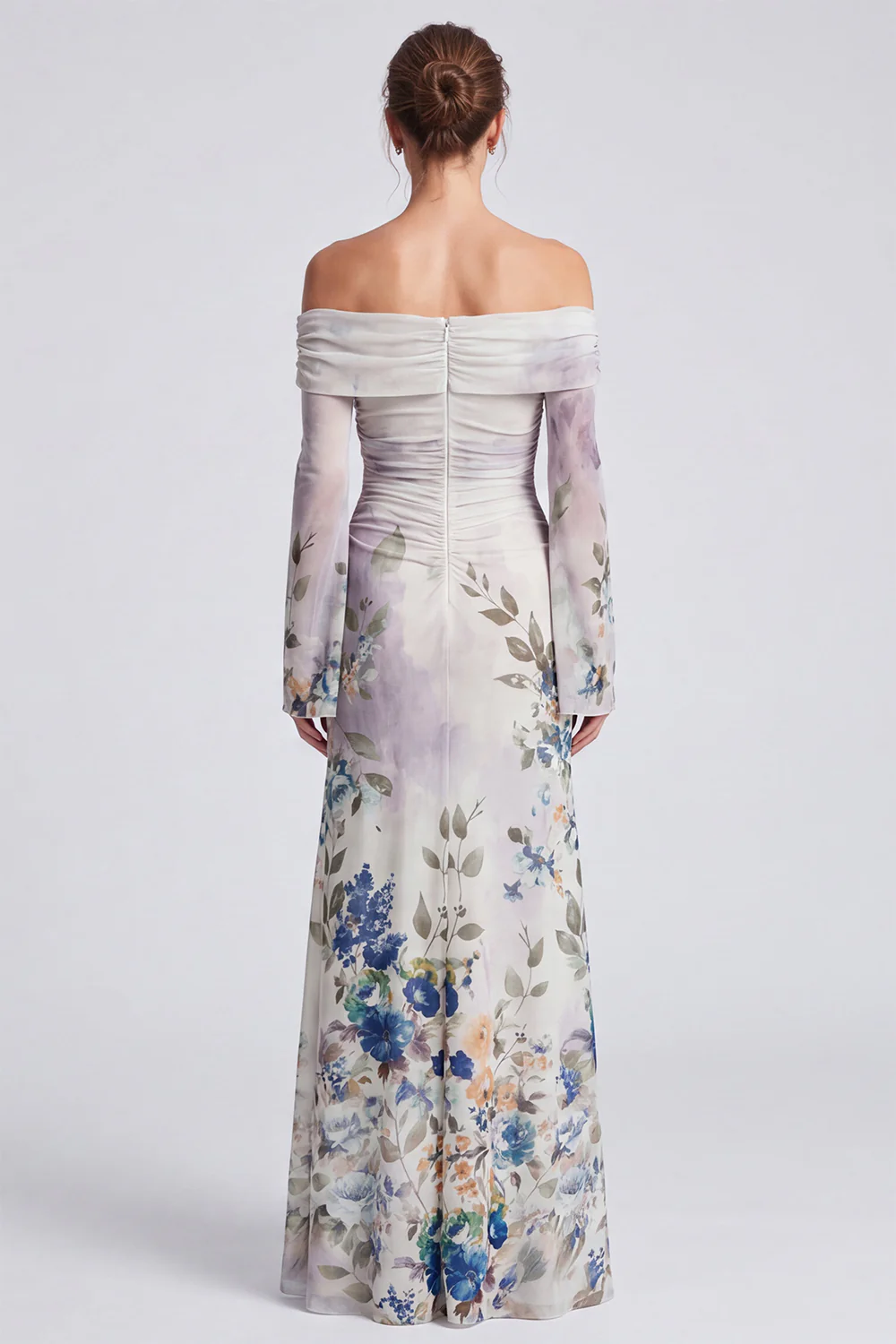 Off The Shoulder Blue Floral Mermaid Wedding Guest Dress With Long Sleeves