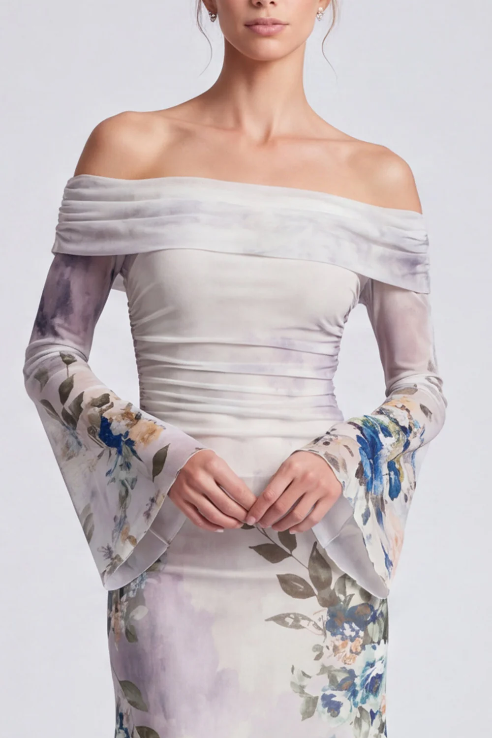 Off The Shoulder Blue Floral Mermaid Wedding Guest Dress With Long Sleeves