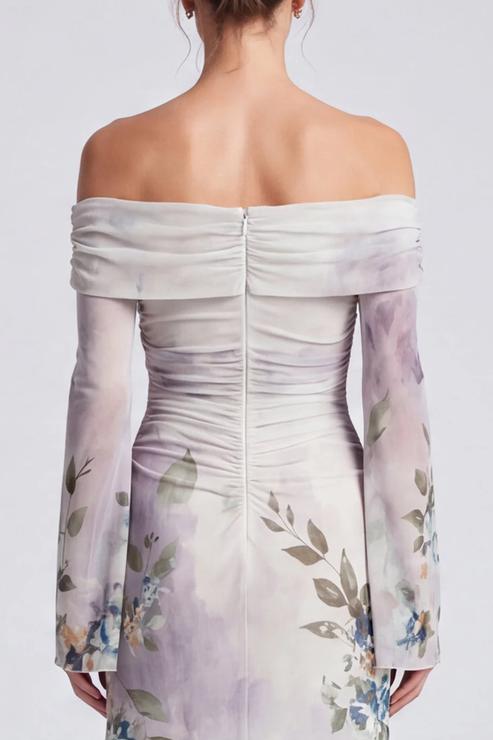 Off The Shoulder Blue Floral Mermaid Wedding Guest Dress With Long Sleeves