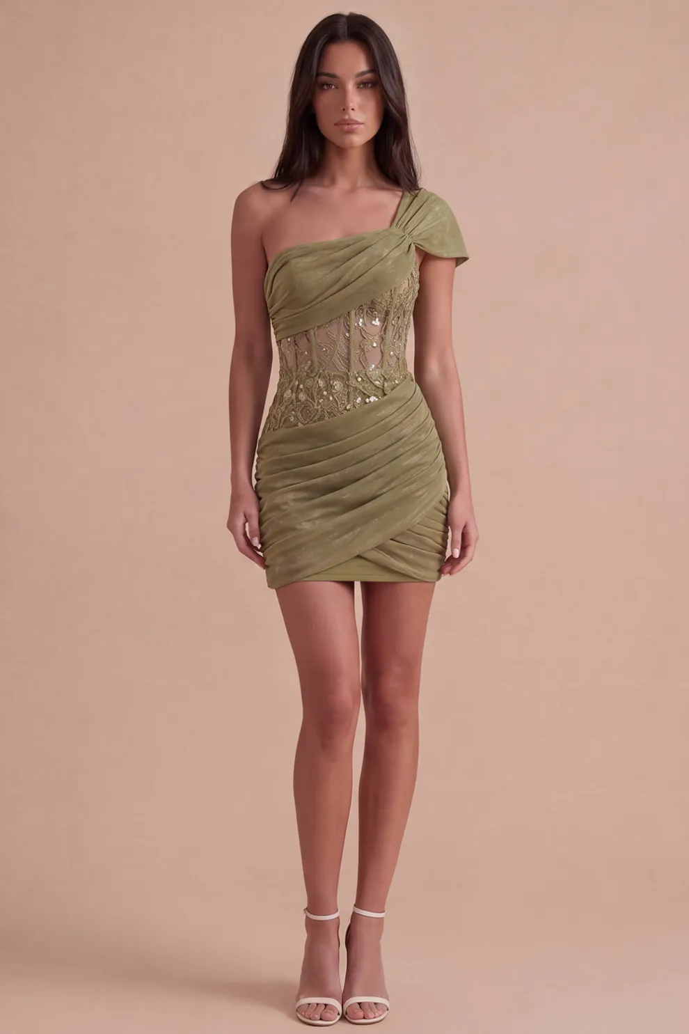 Olive Corset One Shoulder Ruched Short Homecoming Dress