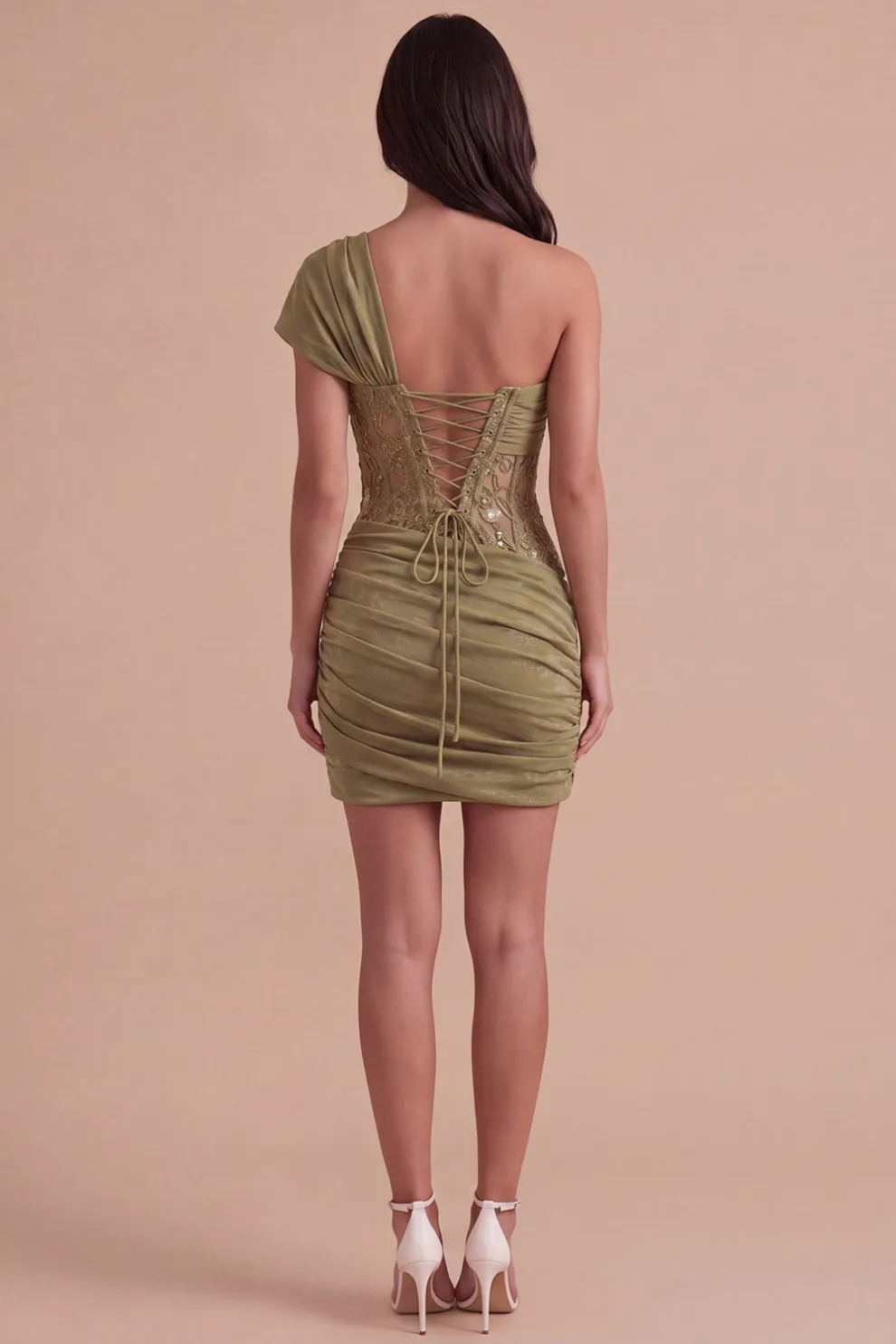 Olive Corset One Shoulder Ruched Short Homecoming Dress