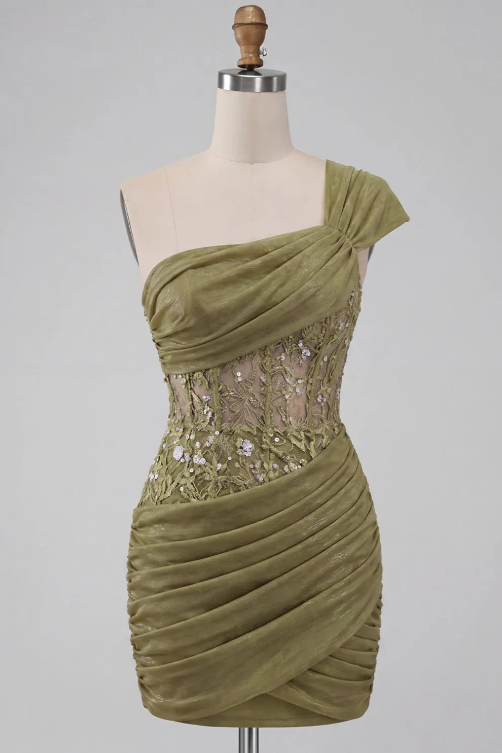 Olive Corset One Shoulder Ruched Short Homecoming Dress