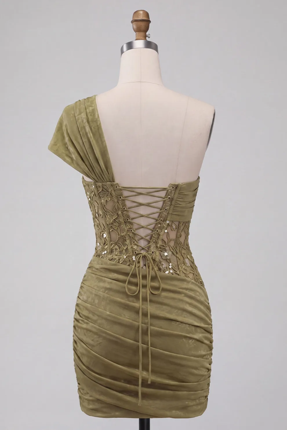 Olive Corset One Shoulder Ruched Short Homecoming Dress