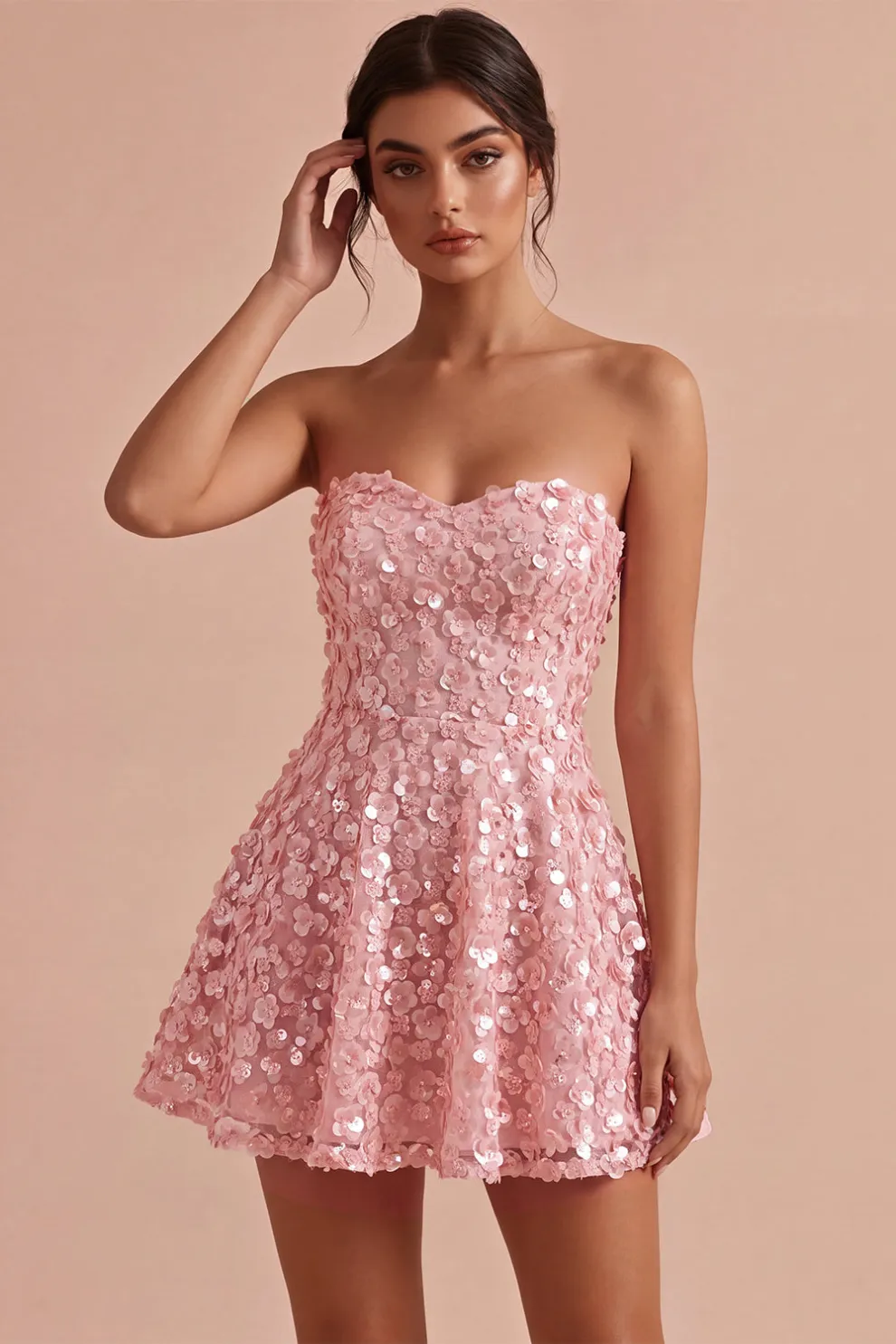 Sparkly Pink Sequins Floral A-Line Strapless Short Homecoming Dress