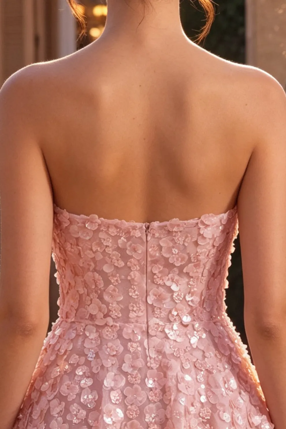 Sparkly Pink Sequins Floral A-Line Strapless Short Homecoming Dress