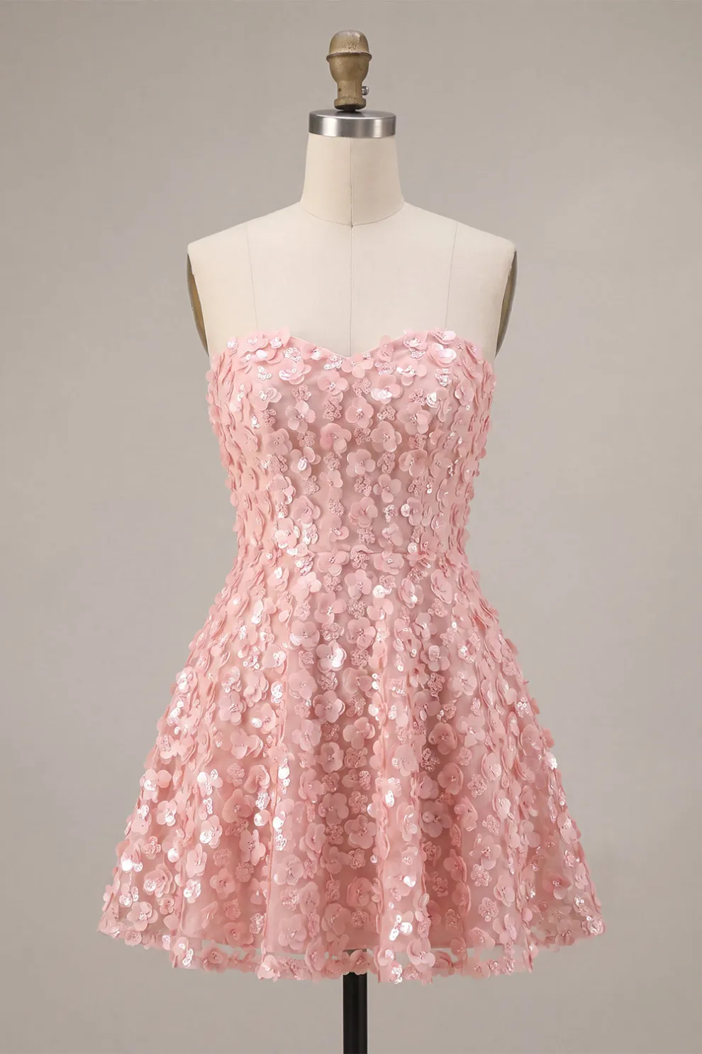 Sparkly Pink Sequins Floral A-Line Strapless Short Homecoming Dress