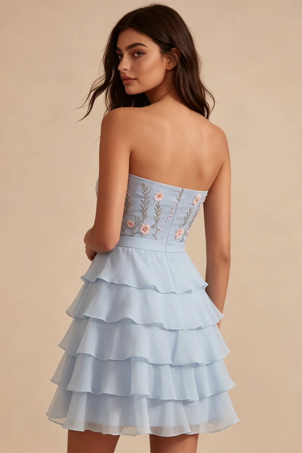Sky Blue Floral Ruffled Tiered Strapless A-Line Short Homecoming Dress with Bow