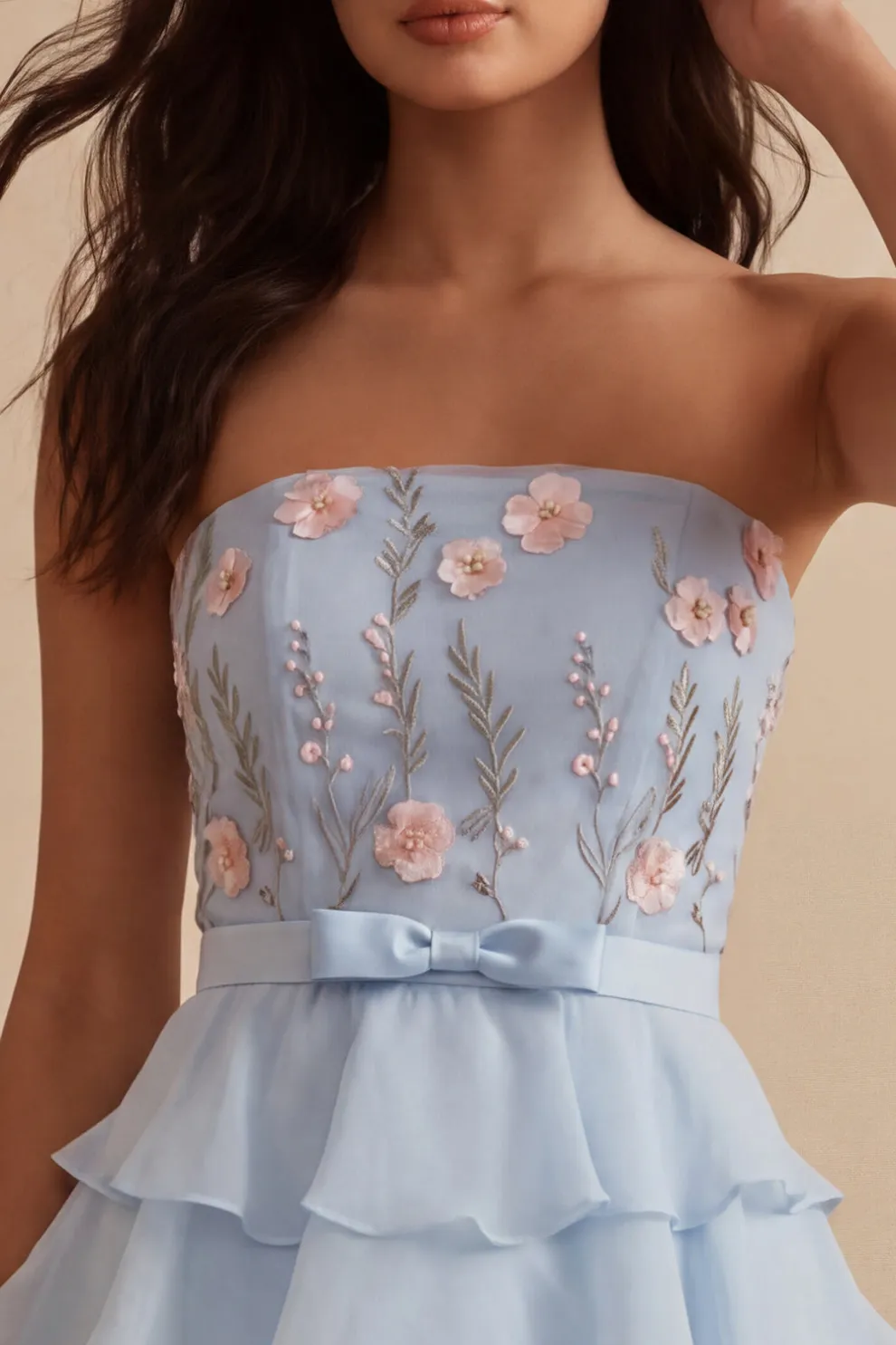 Sky Blue Floral Ruffled Tiered Strapless A-Line Short Homecoming Dress with Bow
